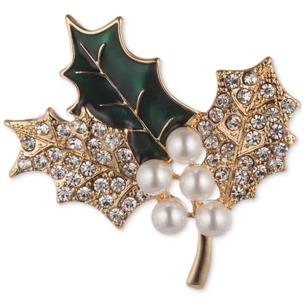 Anne Klein Christmas Gold-Tone Crystal Holly Pearl Berries Holiday Brooch
